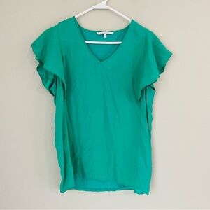 Xandres Green Flutter Sleeve Mixed Media Blouse SZ M Silk Modal Cotton